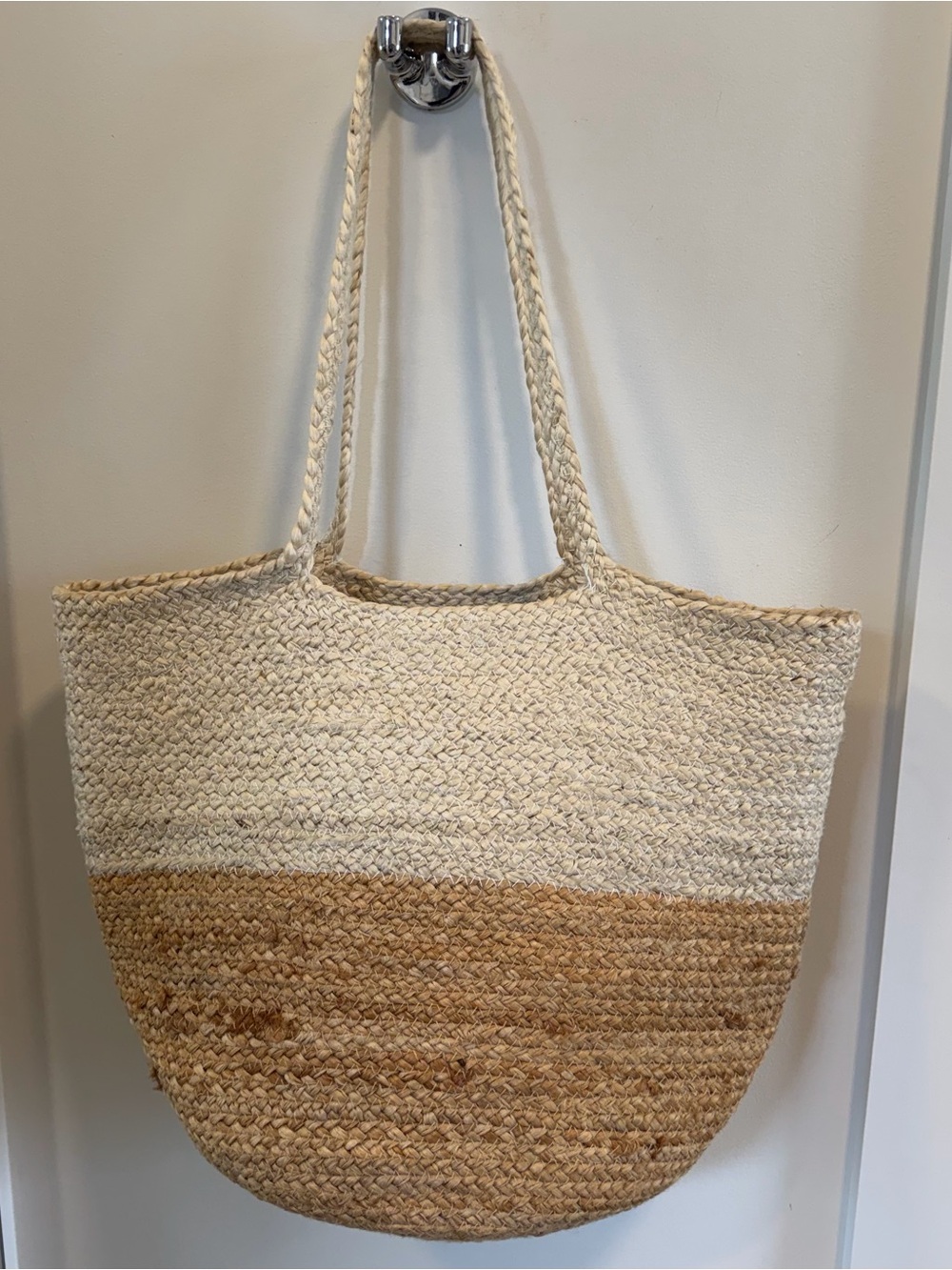 Two-Tone Woven Straw Tote Bag - Cream & Tan